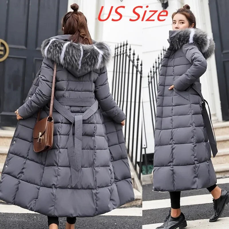 Long Slim Coat - Fox Fur Collar & Bow Belt