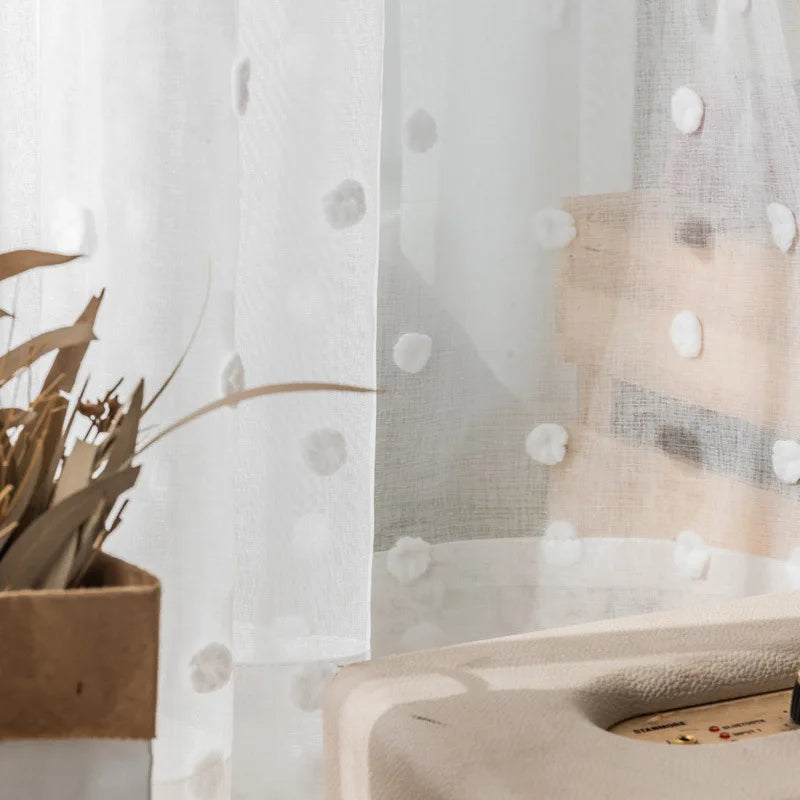 Modern White Lovely Pom Pom Tulle Curtain For Living Room Girls Bedroom Solid Color Linen Voile Window Treatment Kitchen ZH036H