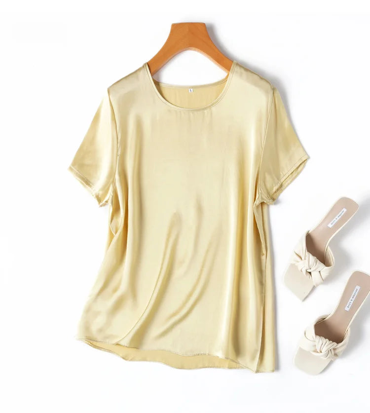 100% Mulberry Silk 19 Momme Charmeuse Silk Women Tank Top T-shirt Short Sleeve Shirt Blouse Solid Colors Summer M L XL AA4270