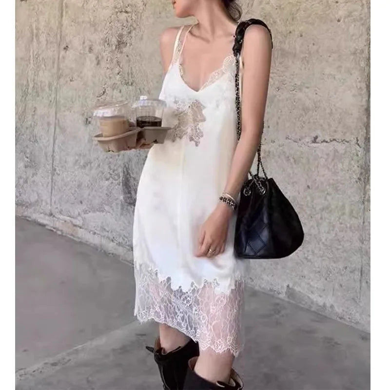Spring New V-Neck Lace Hollow Out Splicing Sleeveless Dress | Slim Fit Cami Slip Dress for Women | Elegant Casual Party Dress