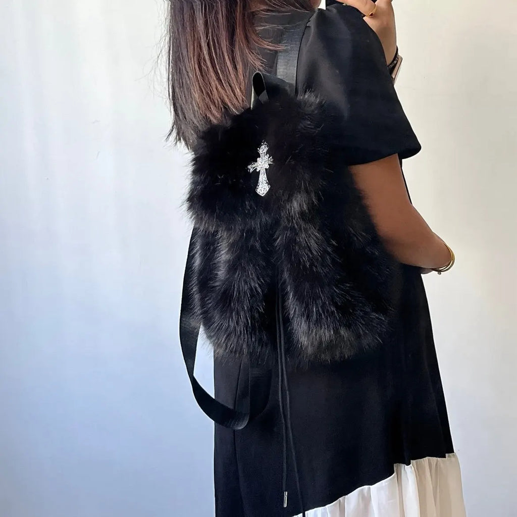 Black Plush Backpack Y2K Gothic Cross Fluffy Fur Backpack