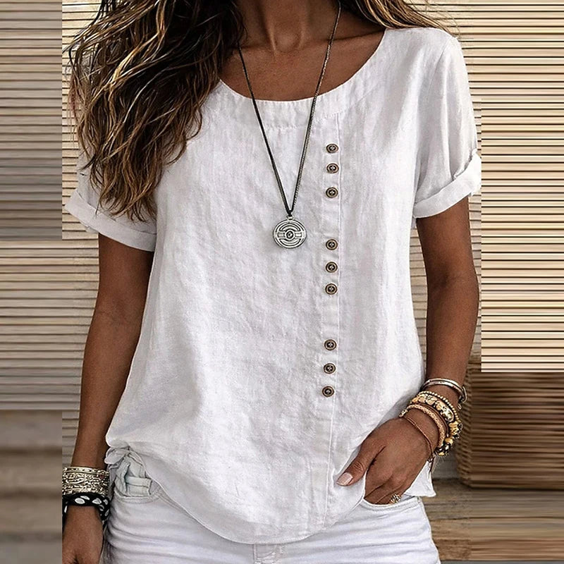 Vintage Short Sleeve Women T-Shirts O Neck Button Design Loose Tee Female Casual Harajuku Tops Summer Solid Color Oversize Tee
