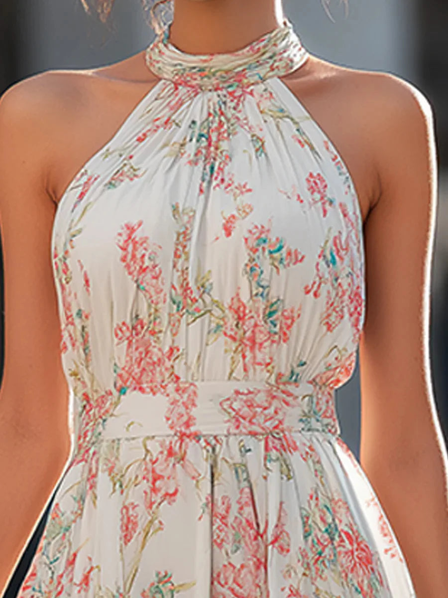 2026 Summer Women's New Style Halter Neck Floral Dress Women's French Style Waist Swing Dress