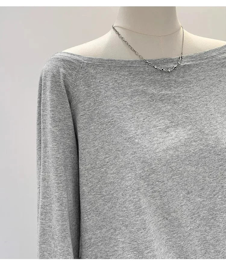 Autumn Winter One Shoulder Cotton Long Sleeve Slant Shoulder Women's Clothing Style Interior Wide Truffle Shoulder Base Shirt