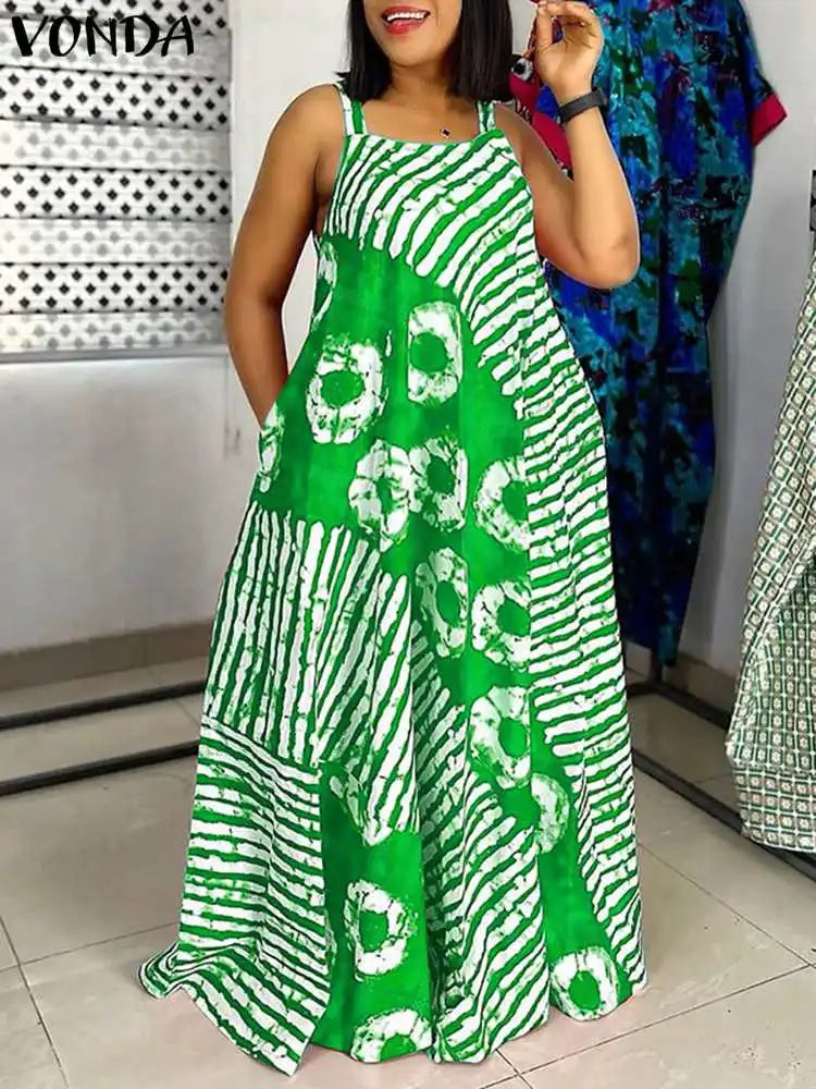 VONDA Plus Size 5XL Summer Bohemian Printed Maxi Dresses Sleeveless Party Beach Sundress Tank Long Vestido Casual Holiday Robe