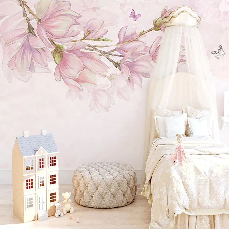 Custom 3D Pink Floral Wall Mural – Hand Painted, 7 Materials