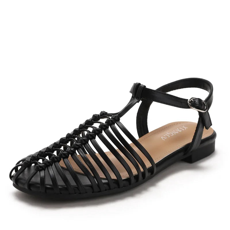 Band Flat Sandals Women Summer Round Toe Ankle Buckle Hollow Roman Sandal Plus Size Beach Shoe