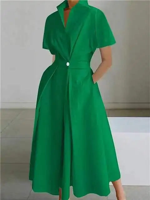 BKLD Midi Dresses 2026 Summer Office Ladies Dress Fashion High Waist A-Line Dress Turn-Down Collar Short Sleeve Women Clothing