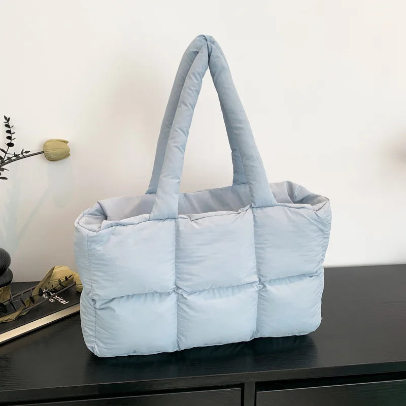 Women Tote Handbags Quilted Plaid Bag Retro Trendy Checkered Waterproof Shoulder Bag Solid Color Winter Soft Large Capacity Bags