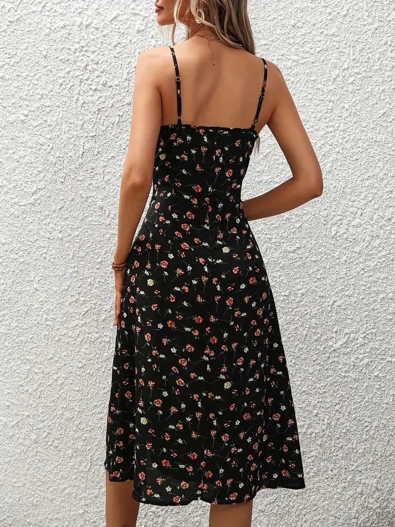 2024 Women's Floral Print Spaghetti Strap Summer Boho Beach Dress Print Elegant Suspenders Square Neck Slit Dress Vestidos