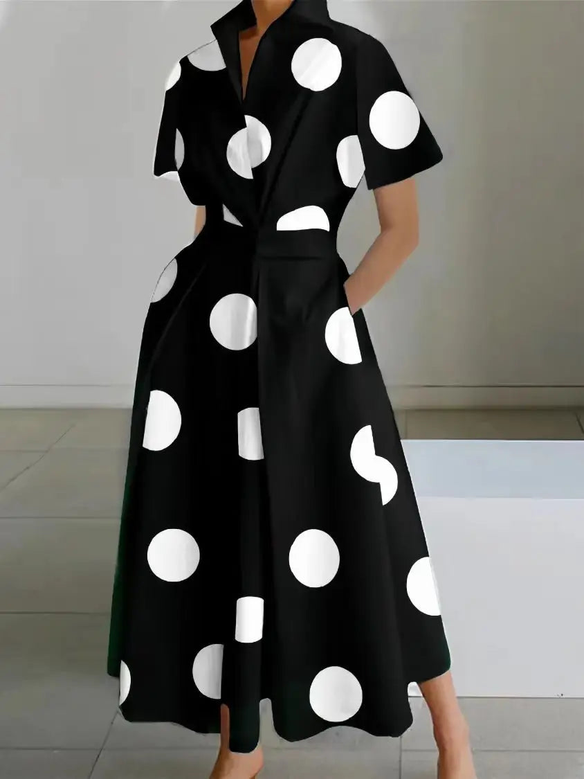 BKLD Midi Dresses 2026 Summer Office Ladies Dress Fashion High Waist A-Line Dress Turn-Down Collar Short Sleeve Women Clothing