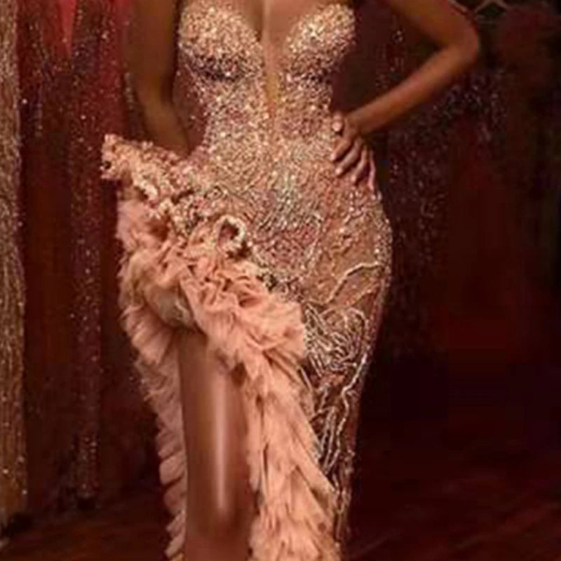 Off Shoulder High Waist Mesh Party Dress Elegant Sequined Women's Long Dress Sexy Strapless Slim Fit Irregular Dress Vestidos