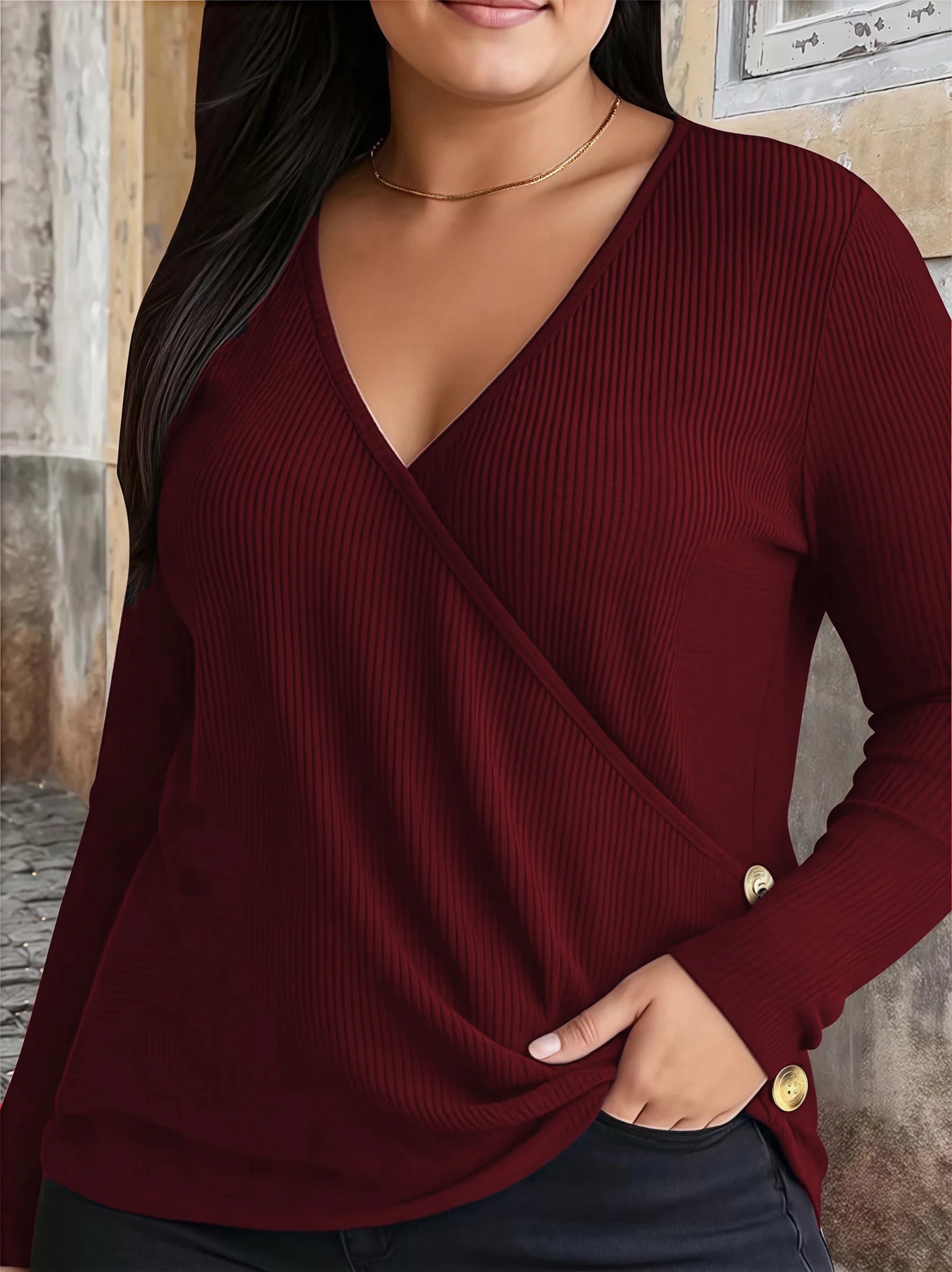Plus Size Waffle Knit T-Shirt for Women, Elegant V-Neck Button Down Long Sleeve Top, Fall Comfort Fit Blouse