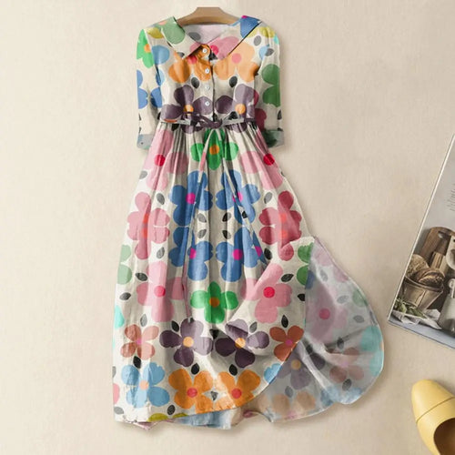 A-line Dress Bohemian Floral Print Midi Dress with Lace-up Detail A-line Silhouette for Women Spring Fashion Statement Women