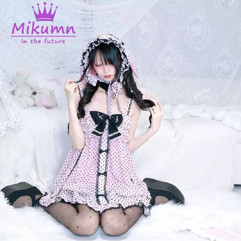 Mikumn Gothic Girls Vintage Pink Polka Dot Dress Harajuku Japanese Y2k Black Bow Kawaii Women Sleeveless Strap Mini Dresses