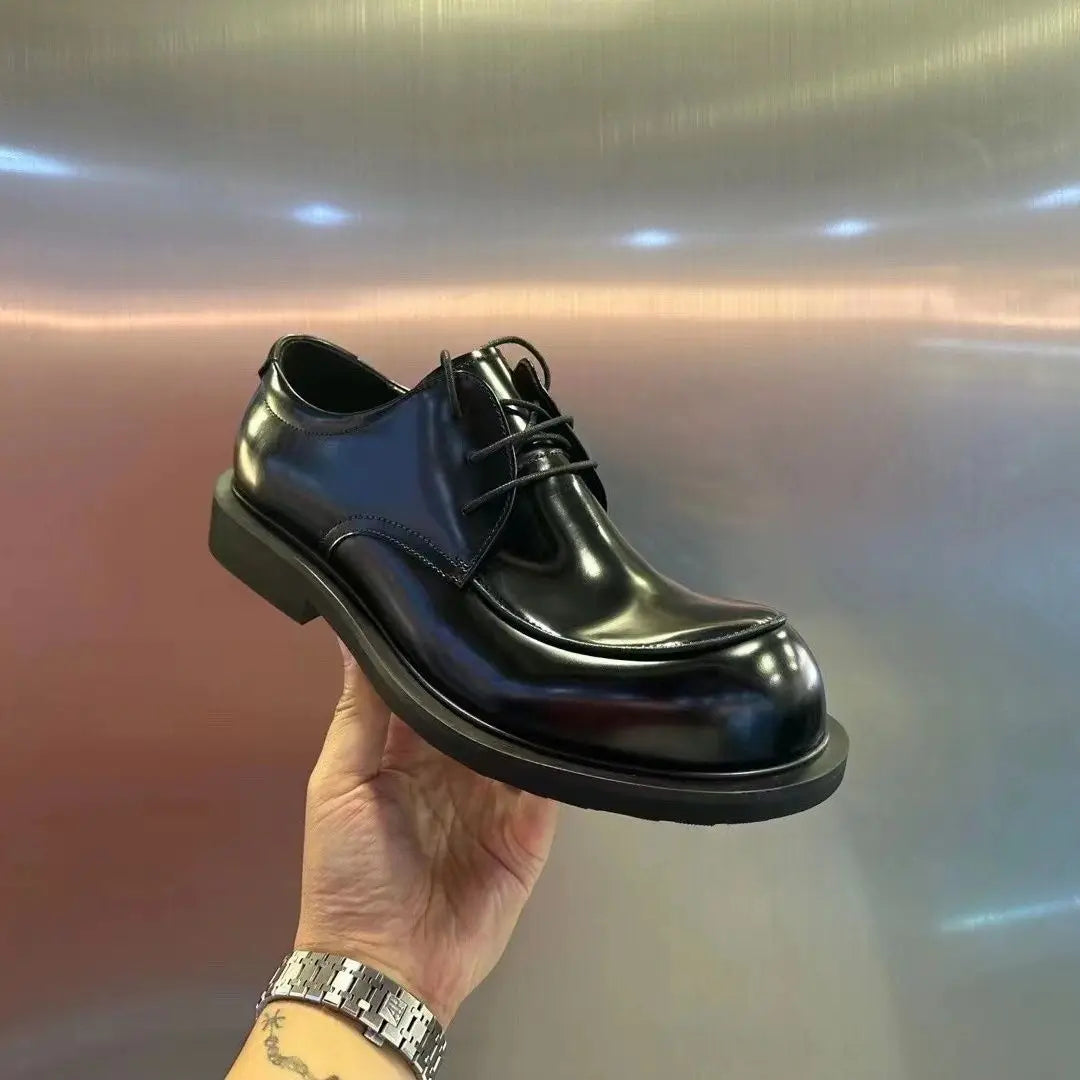 Men's Genuine Cowhide Derby Shoes - Thick Sole Round Toe Slip-On Business Casual