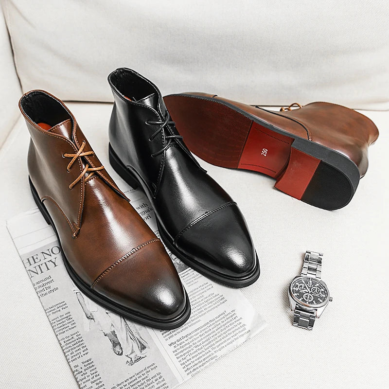 Classic Business Ankle Boots - Red Sole Lace-Up Low Heel Brown Black