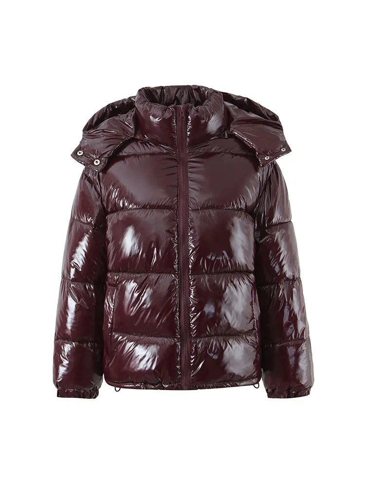 Glossy Hooded Parka – Y2K Stand Collar Zip Long Sleeve