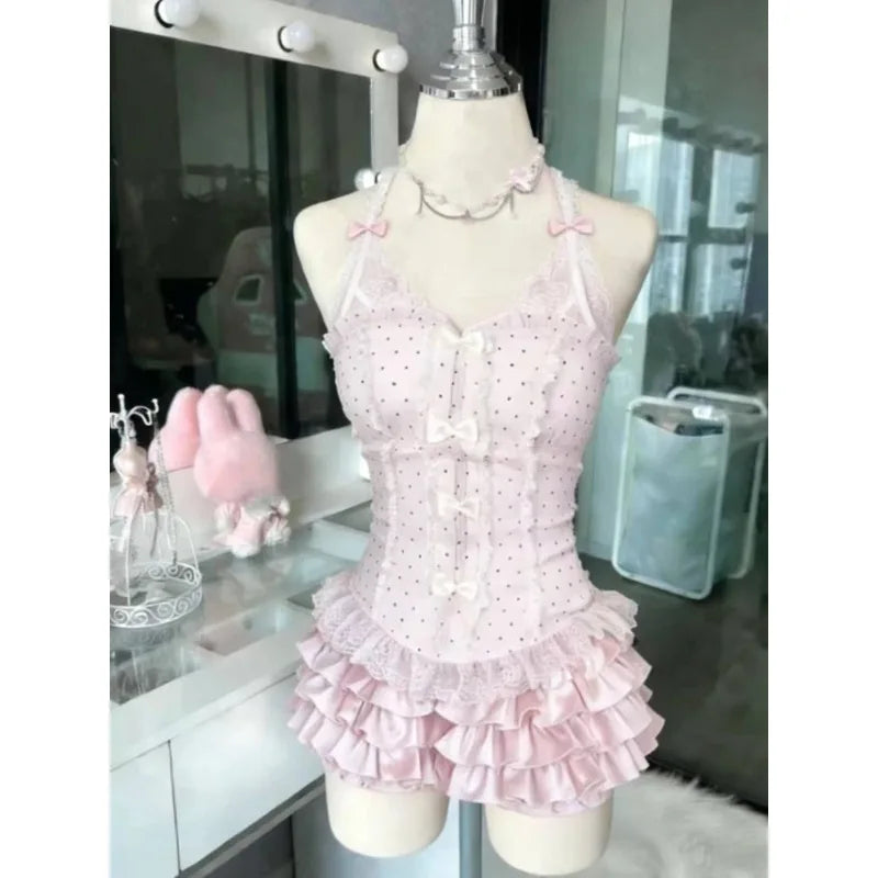 Japanese Fake Two Piece Striped Lolita Long Sleeve Shirts Women Y2k High Waist Striped Cake Skirts Spring Summer New Sets