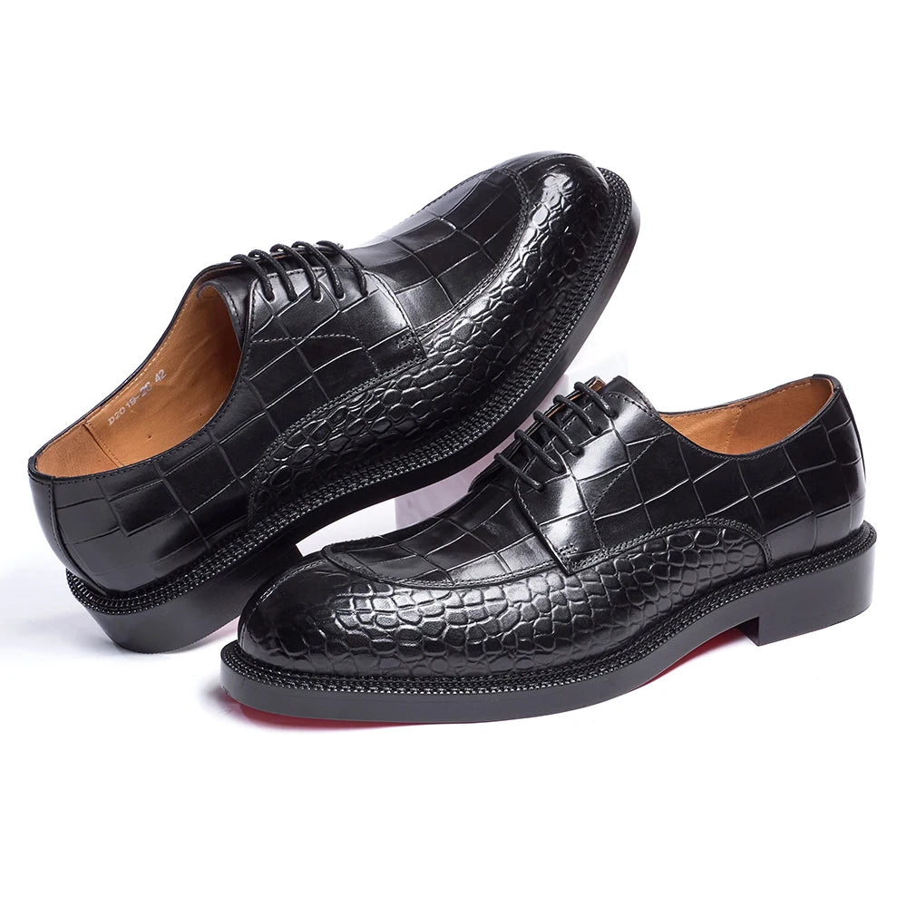 CROCODILE OXFORD DRESS SHOES - Men's Genuine Cowhide Height-Increasing Lace-Up - Elegant Wedding & Office