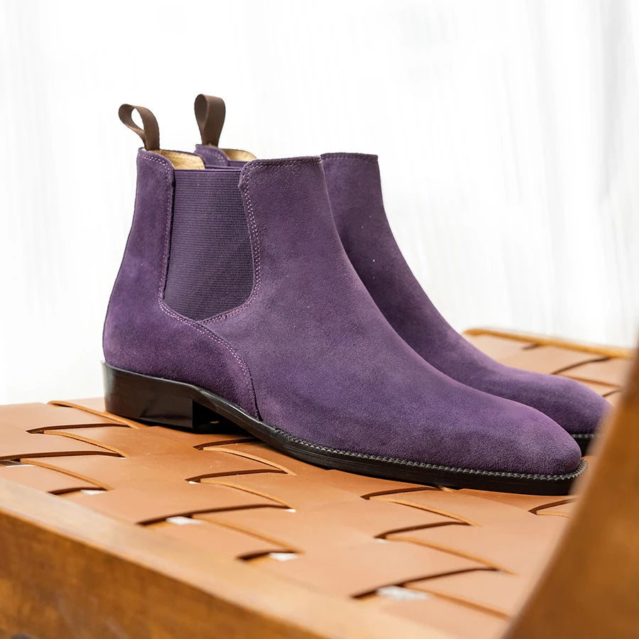 Men's Cow Suede Chelsea Boots - Square Toe Slip-On British Style Ankle Boots