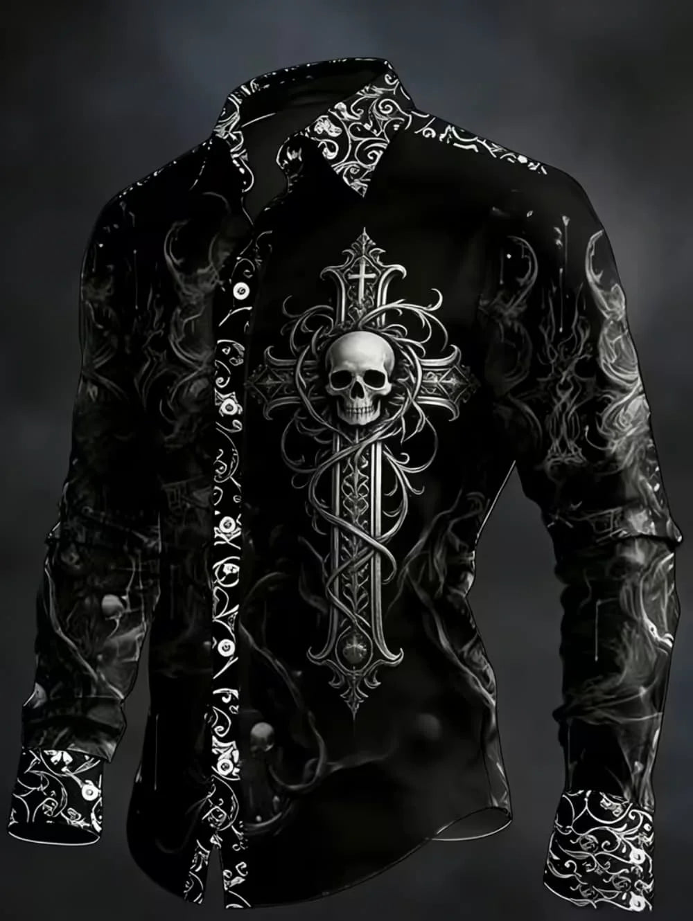 Gothic Skull Cross Shirt Men Long Sleeve Red Plaid 3D Print