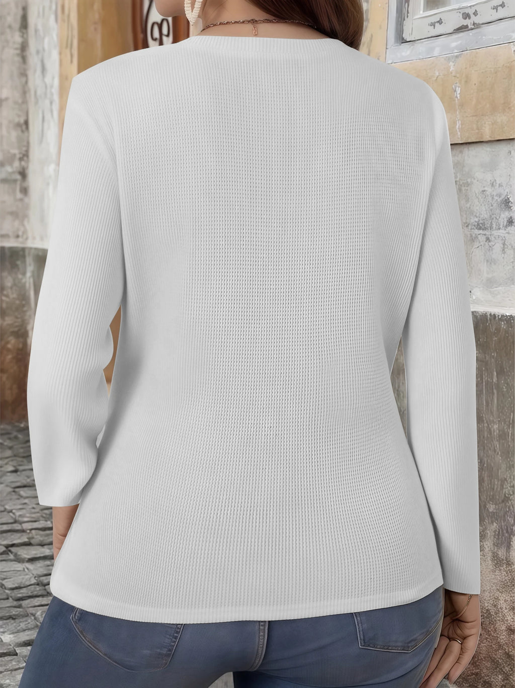 Plus Size Waffle Knit T-Shirt for Women, Elegant V-Neck Button Down Long Sleeve Top, Fall Comfort Fit Blouse