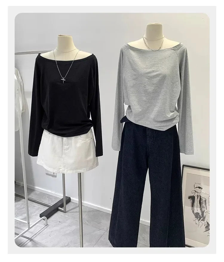 Autumn Winter One Shoulder Cotton Long Sleeve Slant Shoulder Women's Clothing Style Interior Wide Truffle Shoulder Base Shirt