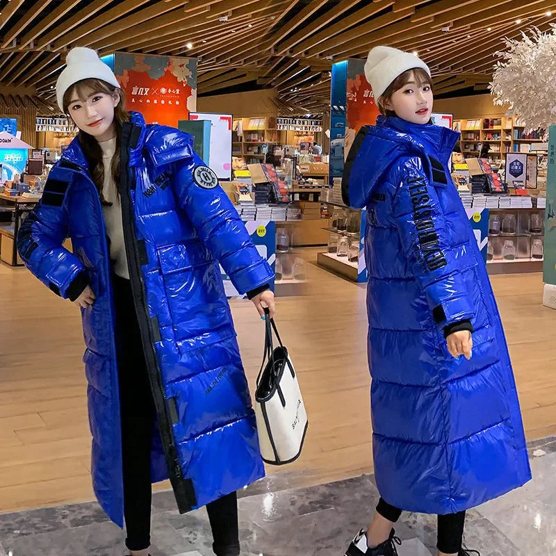 Glossy Puffer Parka – Hooded Windproof Long Coat