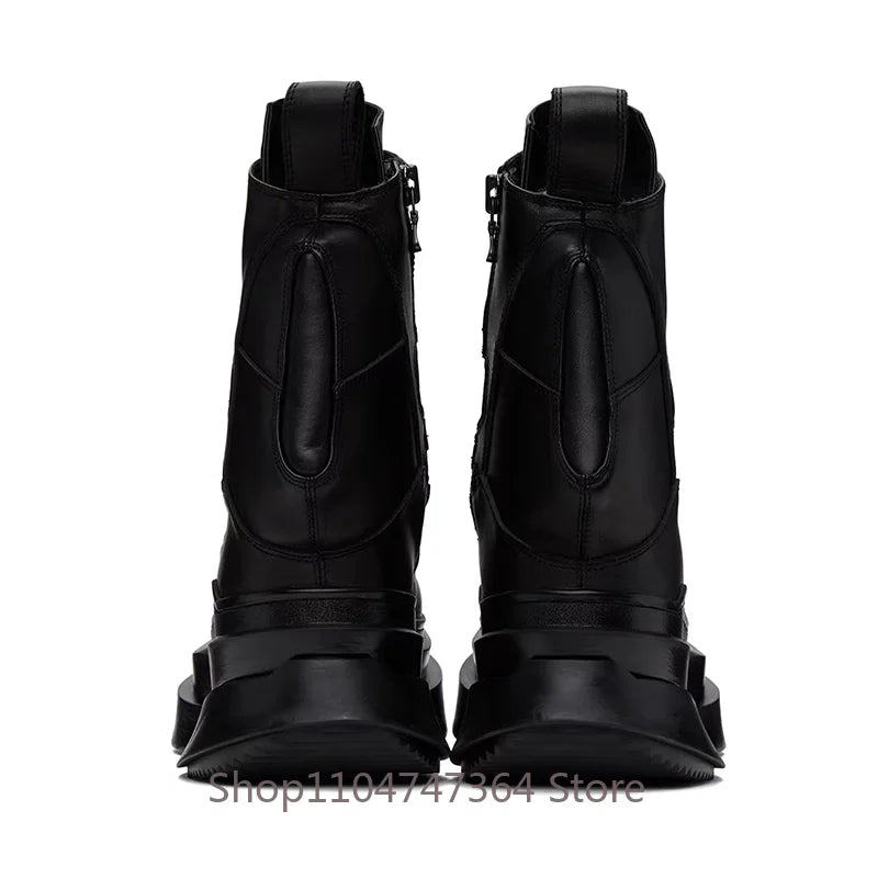 Street Fashion Motorcycle Ankle Boots - Genuine Leather Thick Sole High Heel Lace-Up