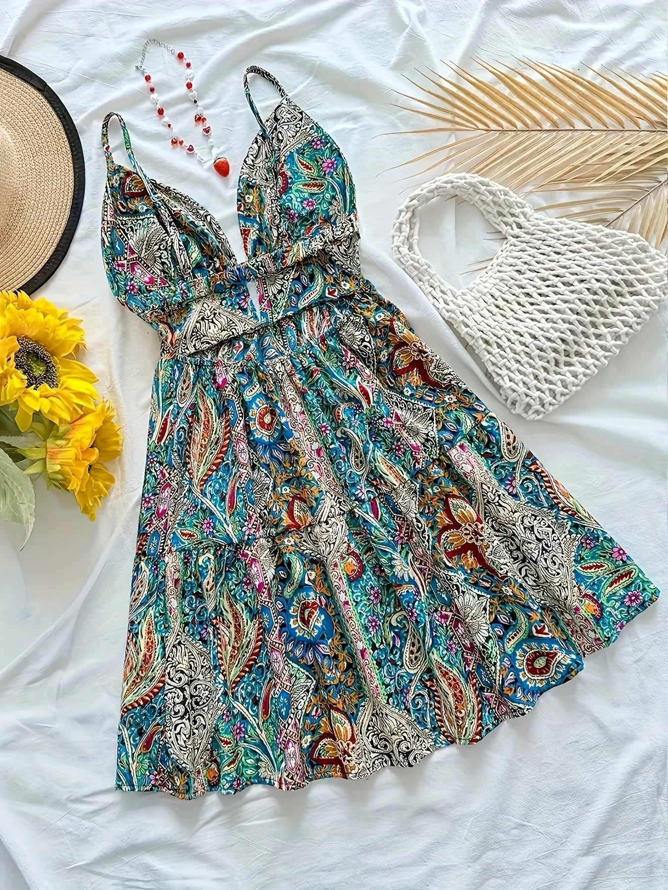 Fashion ladies floral print lace camisole V-neck backless sexy holiday shoulder strap elastic beach dress female
