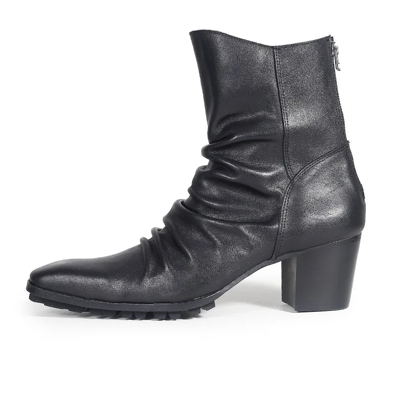 BRITISH HIGH HEEL CHELSEA BOOTS - Men's Handmade Genuine Leather Waterproof Ankle Boots Square Toe Zipper - Black
