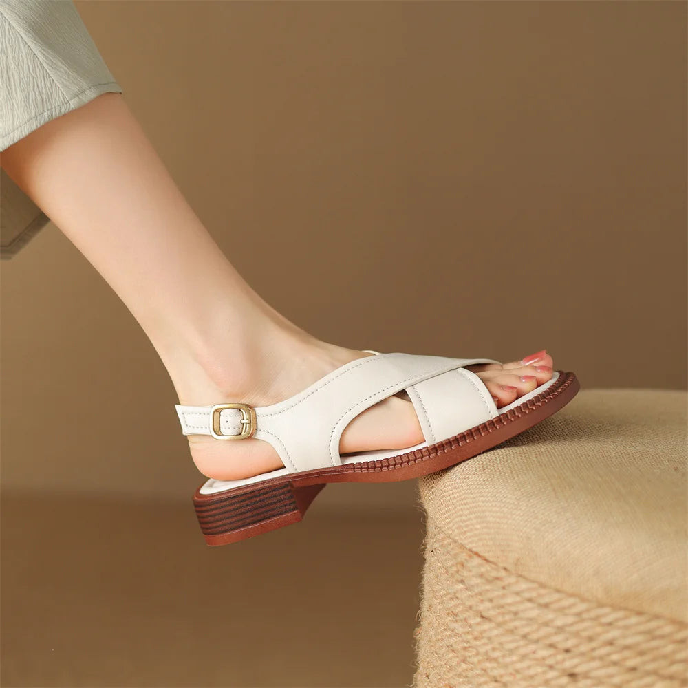 Women's flat sandals genuine leather cross strap open-toe summer casual female footwear high quality soft comfortable plus size