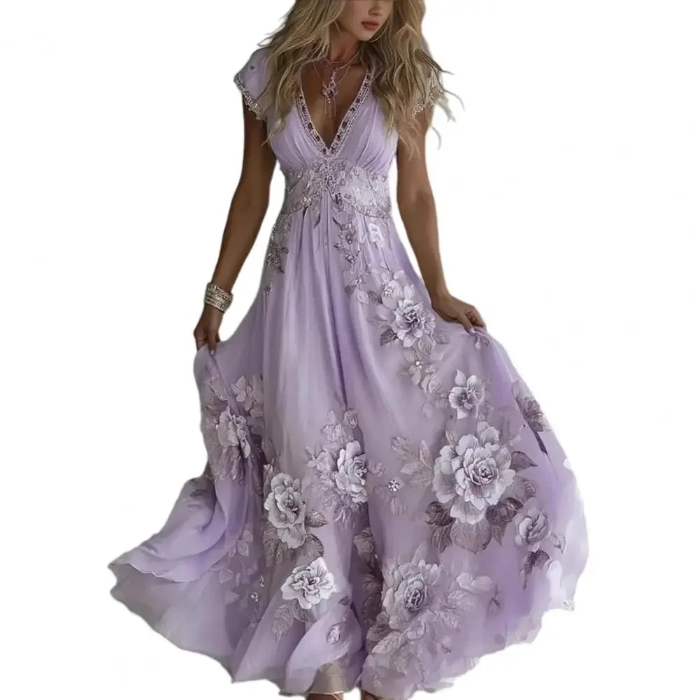 3d Pattern Women Summer Dress Floral Maxi Dress Short Sleeve V Neck A-line Swing Vestidos Floral Printed Beach Vacation Sundress