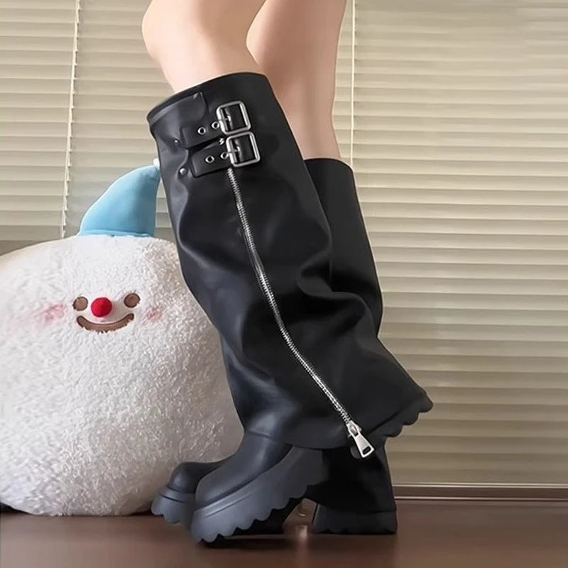 Pleated Knee-High Riding Boots – Square Heel