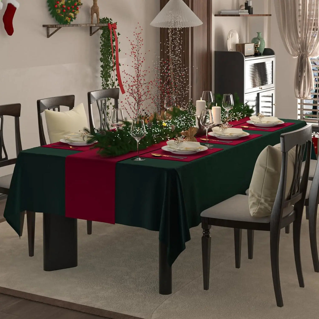 HUNTER GREEN WATERPROOF TABLECLOTH - Spillproof Linen-Look Rectangle Cover - Festive & Practical