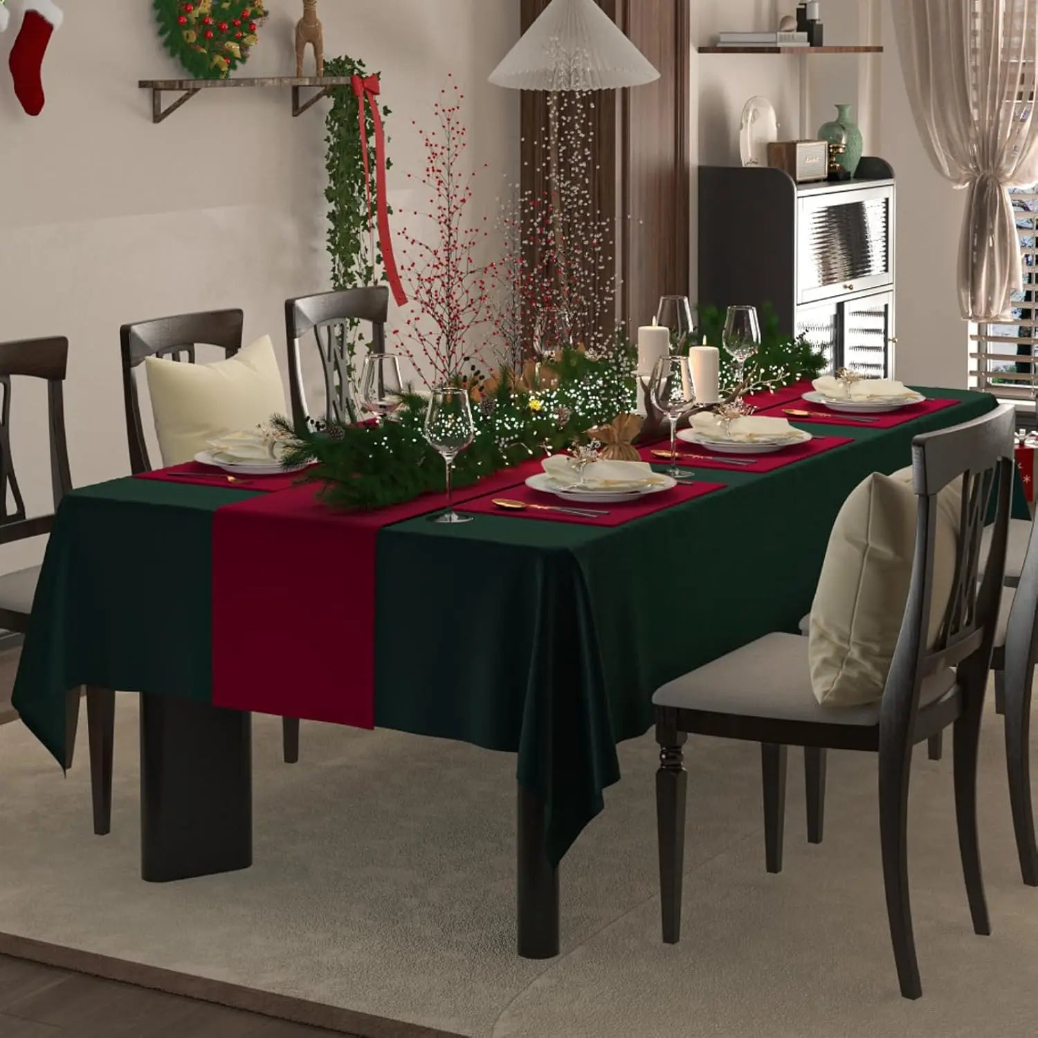 HUNTER GREEN WATERPROOF TABLECLOTH - Spillproof Linen-Look Rectangle Cover - Festive & Practical