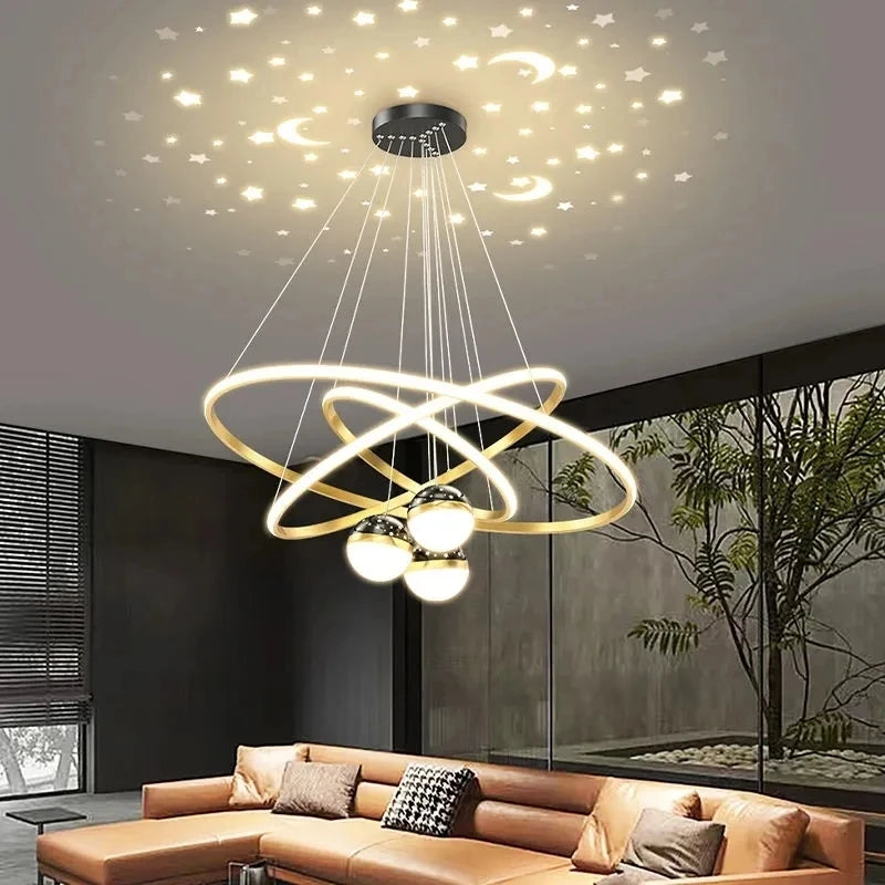 Triple Ring LED Pendant Light – Black/Gold, 60-40-20cm, 3-Color