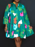 Floral Printed plus Size Women's Dress Autumn Casual Loose V-Neck Button Detail Streetwear Polyester Pleated Fashion 2025