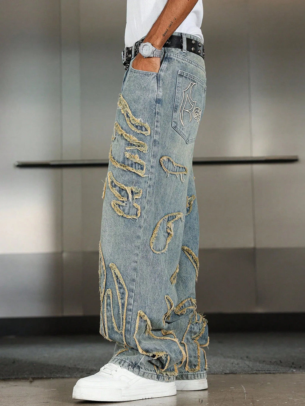 Men's Patchwork Frayed Denim Jeans - Wide Leg Streetwear - Embroidered High Street