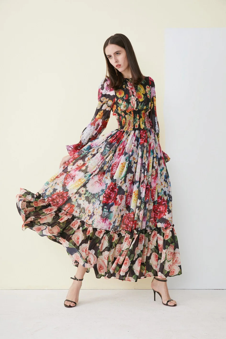 Ladies Elegant Floral Print Long Sleeve Dress Summer Beach Chiffon Ruffled Collar Dress Elegant Elasticity Waist A-Line Sundress
