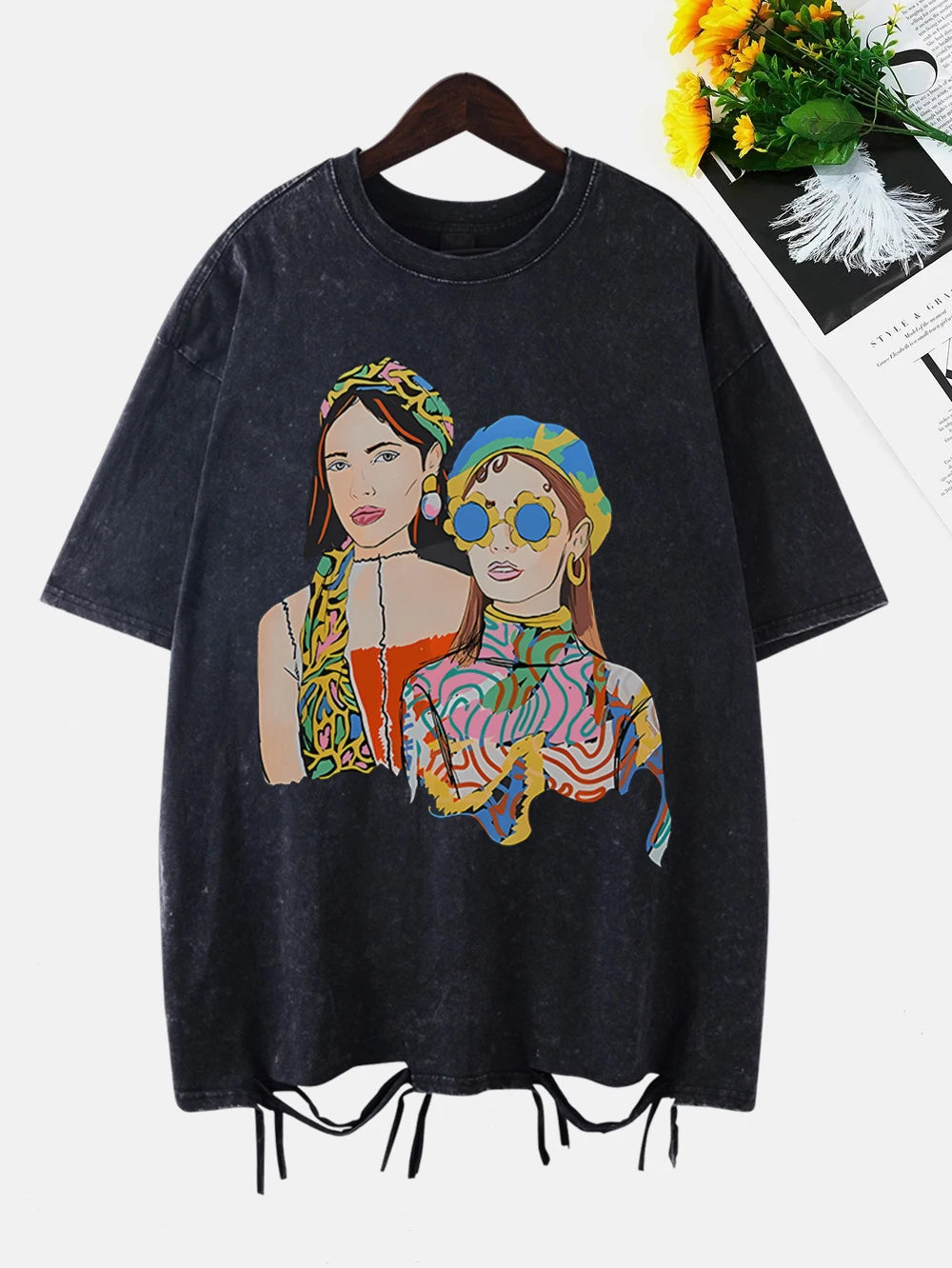 City Girls Art Print Washed T-Shirt - Oversize Acid Black