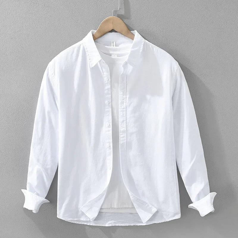 LINEN COTTON CASUAL SHIRT - Men's Loose Fit Long Sleeve Breathable Lapel Blouse Solid Color - 7 Colors