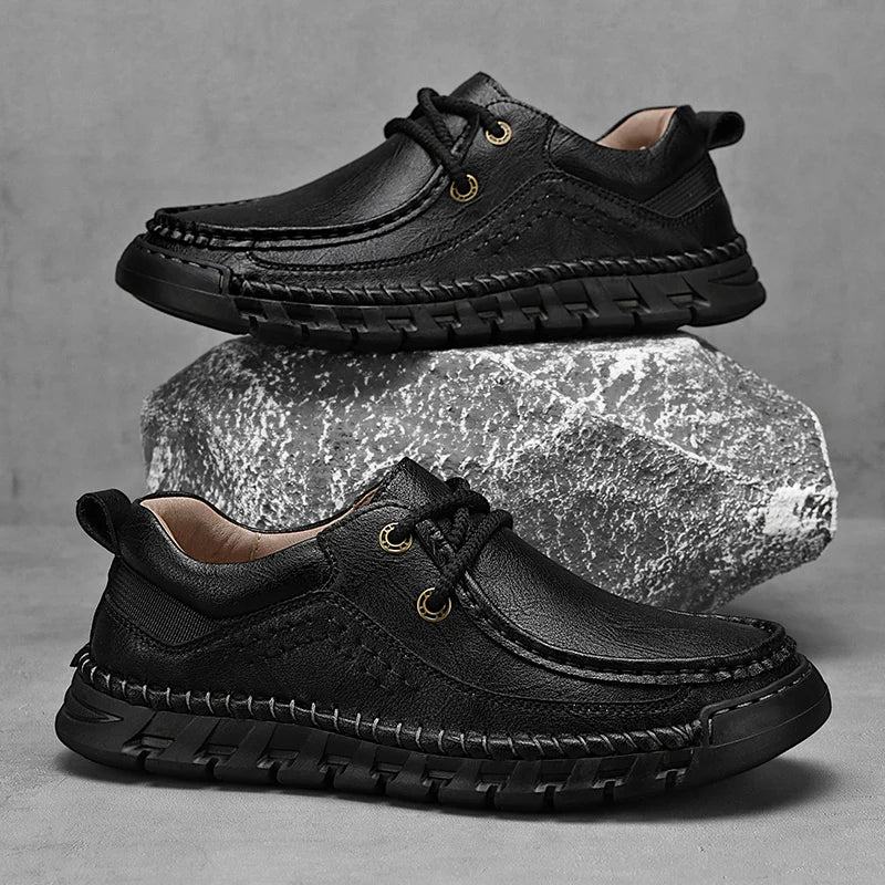 EASY GRAIN - Men's Handmade Split Leather Loafers - Flat Moccasins, Casual Comfort