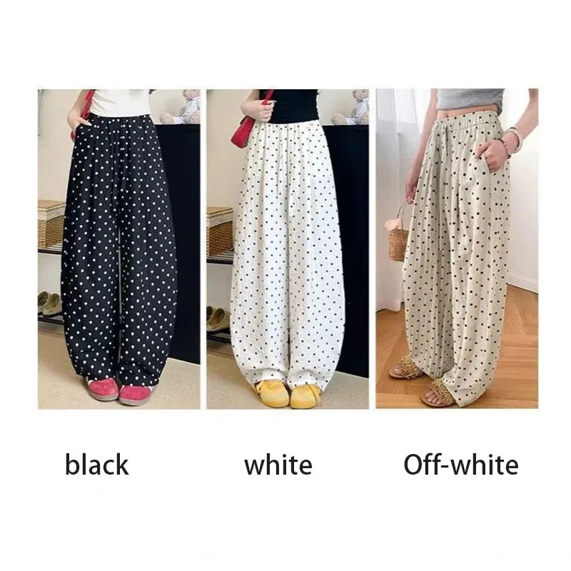 POLKA DOT LINEN WIDE-LEG PANTS - Drawstring High Waist, Loose Fit - Easy Summer