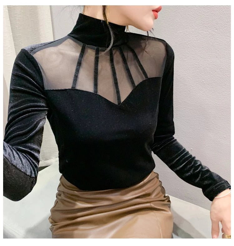 Velvet Mesh Turtleneck Top - Long Sleeve Slim Fit Elegant
