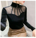Velvet Mesh Turtleneck Top - Long Sleeve Slim Fit Elegant