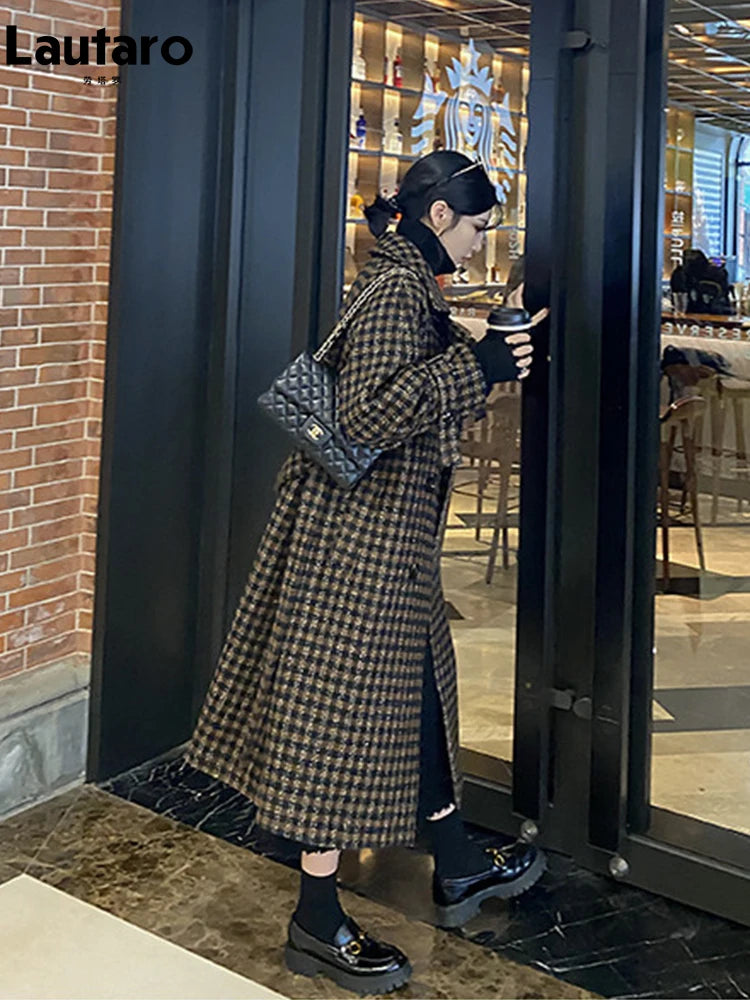 Plaid Woolen Coat – Long Double Breasted Loose Fit