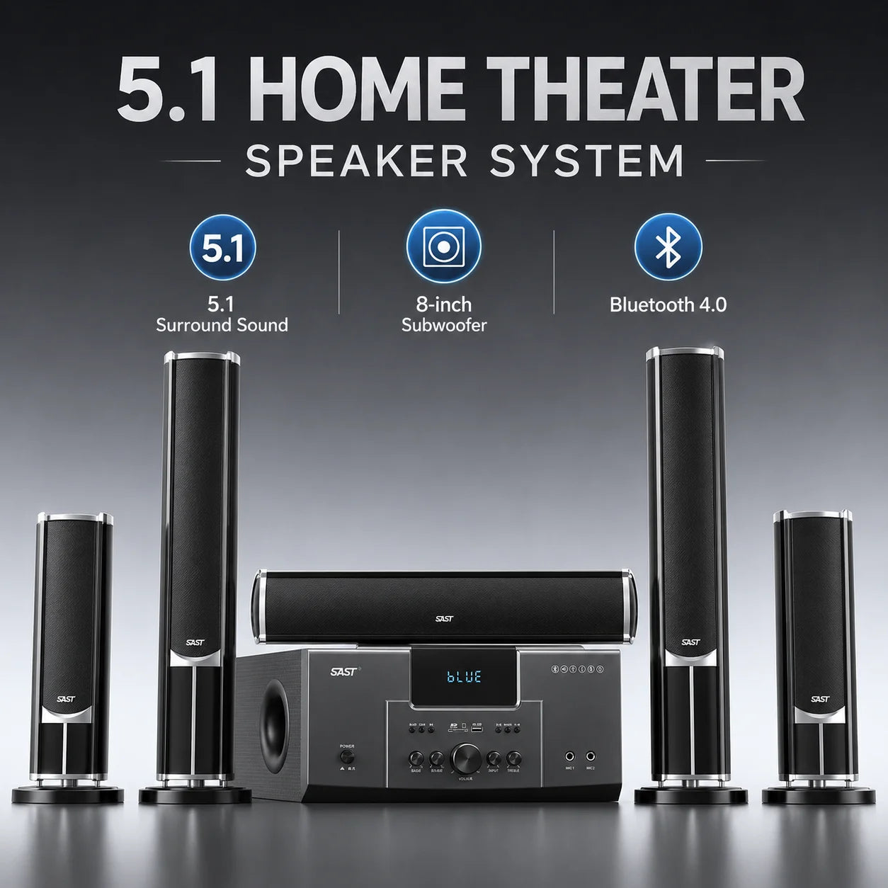160W Home Theater 5.1 – Bluetooth Speaker 8 Inch Subwoofer Karaoke TV