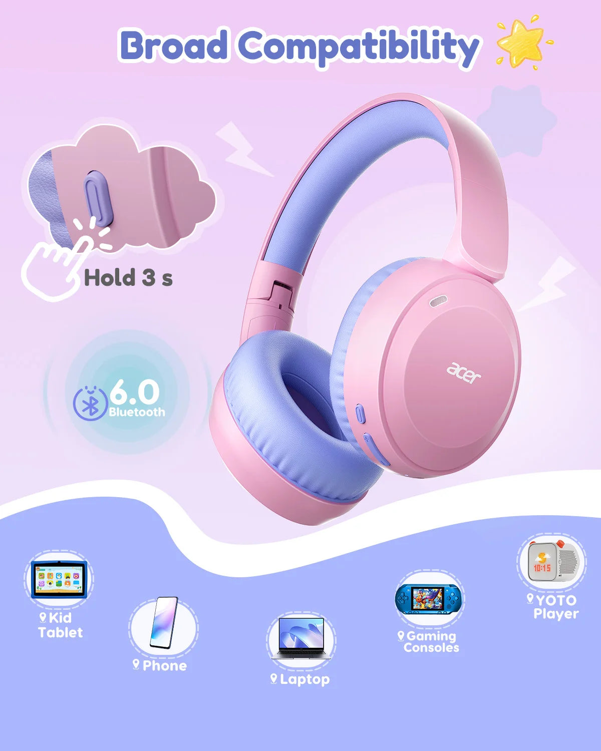 Acer Kids Bluetooth Headphones 85dB Volume Limited Wireless